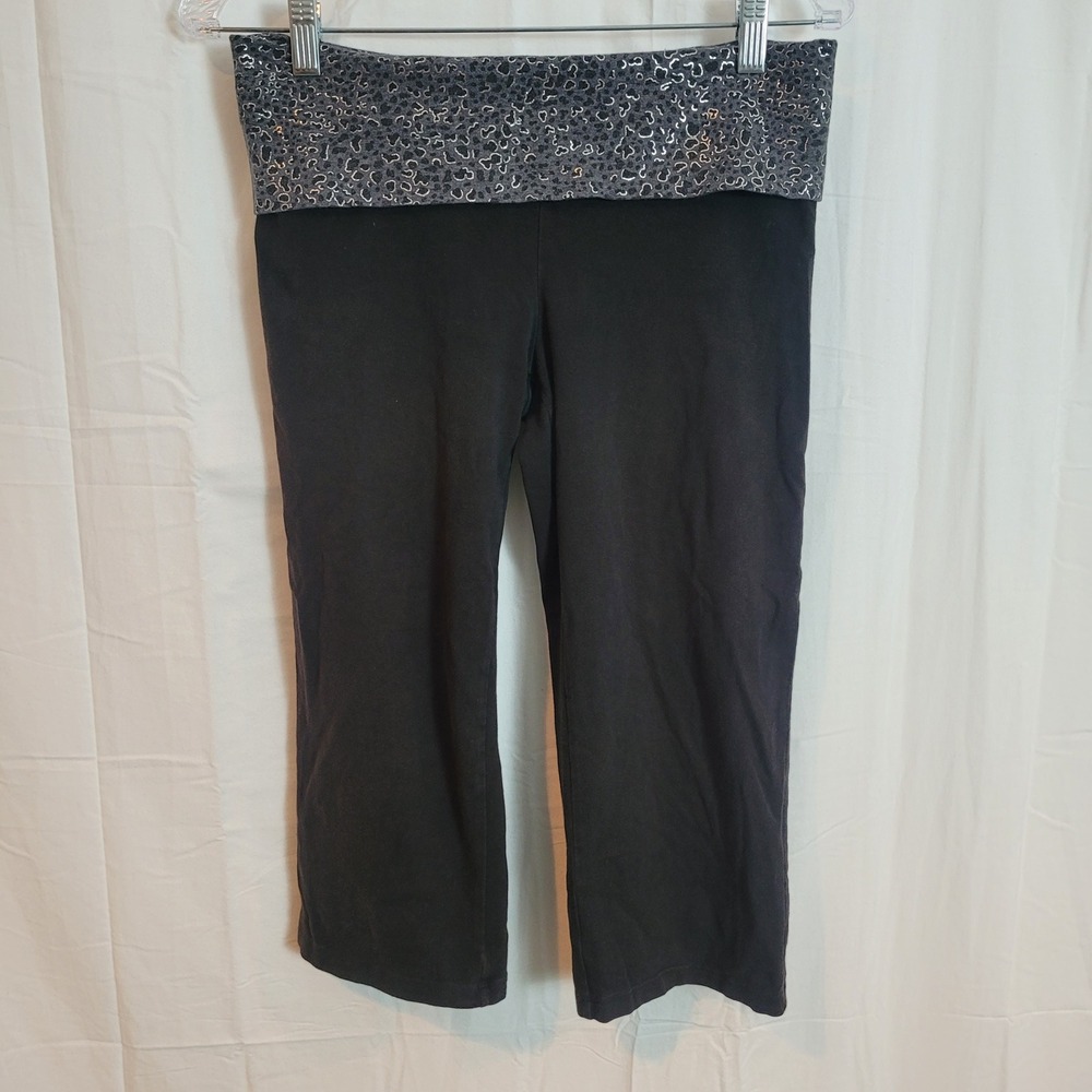 Pink Victoria's Secret Y2K Leggings Med Black Leopard Foldover Sequin Logo Capri - Picture 2 of 13